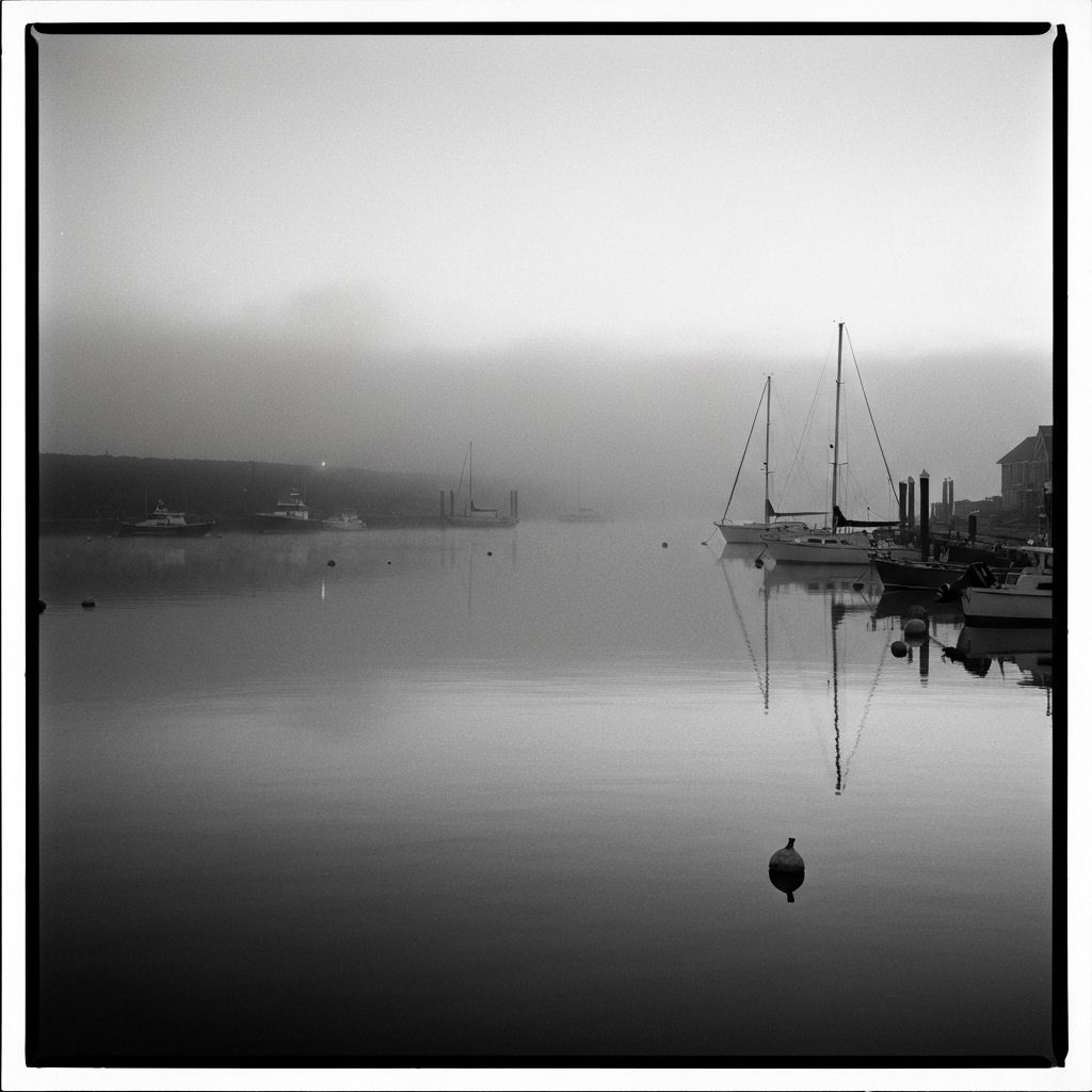 Fog over a quiet harbor at dawn