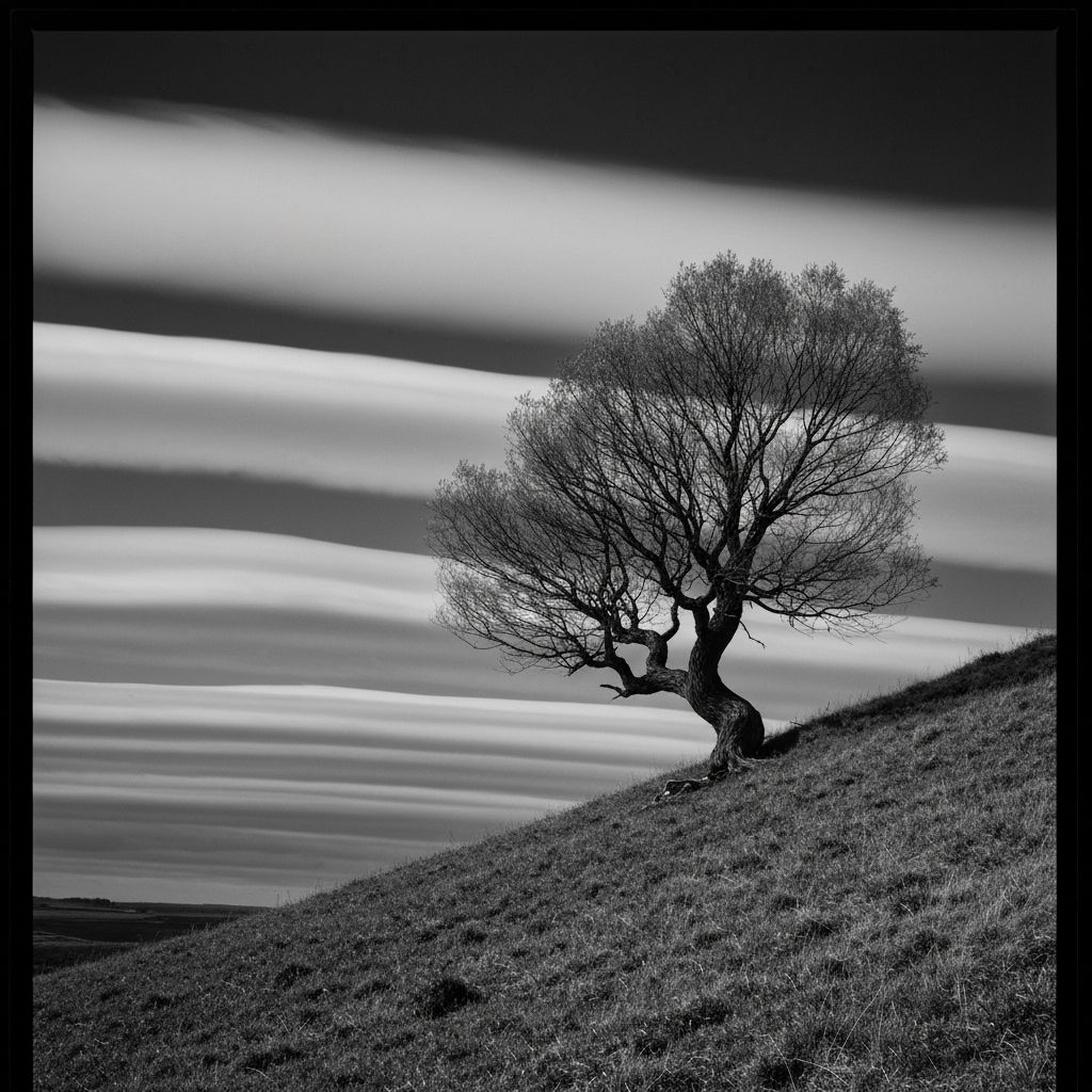 Lone tree on a windswept hillside