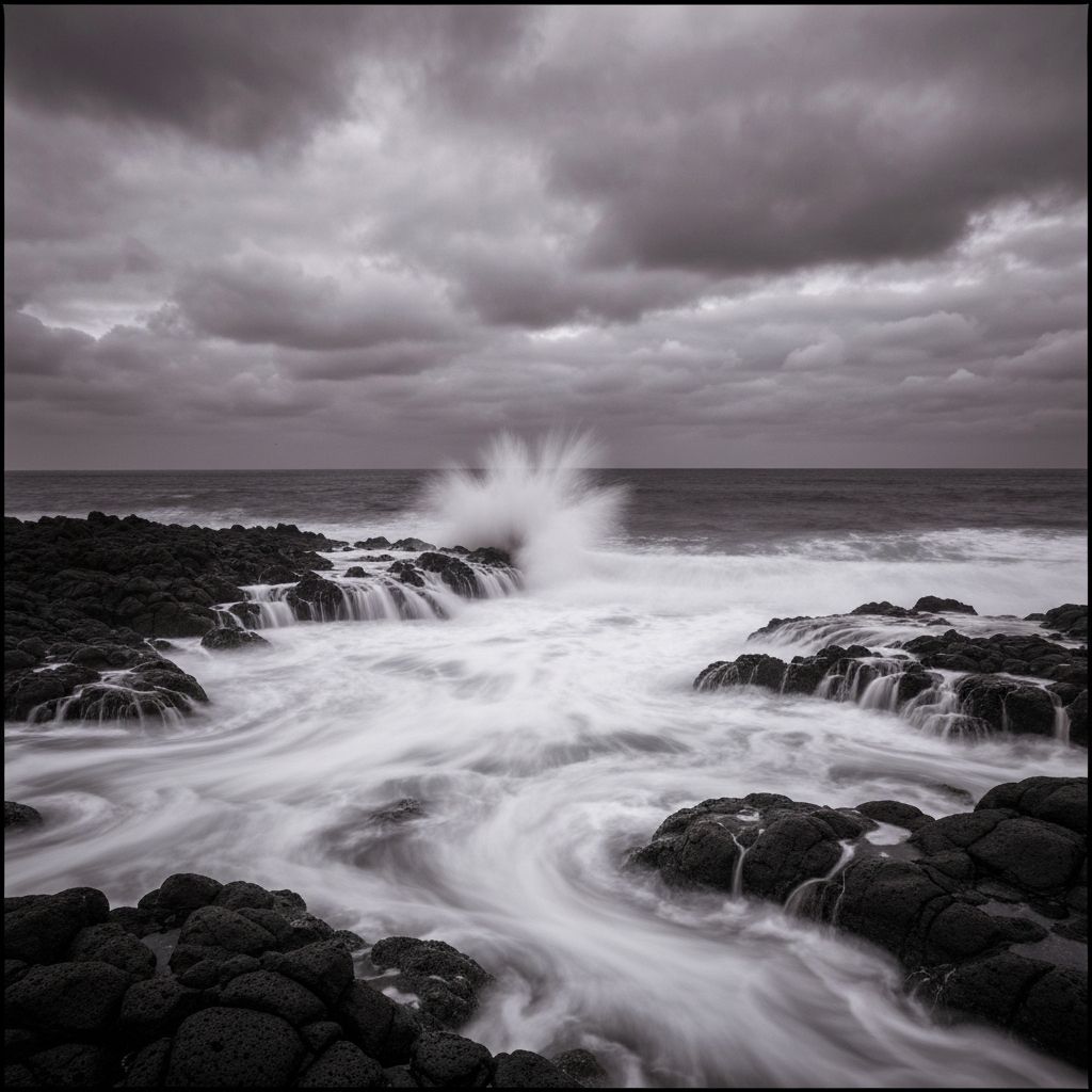 Ocean waves on volcanic rocks